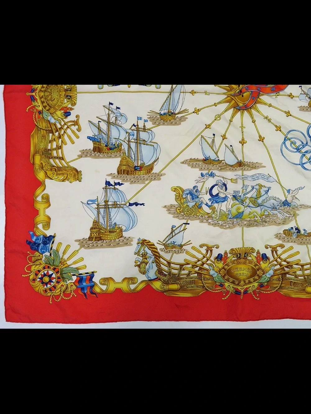 Hermes Silk Scarf Red, Cream, Gold, Blue